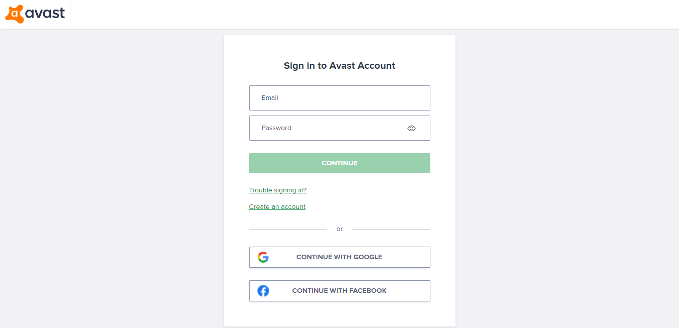 Avast account sign in and sign up page