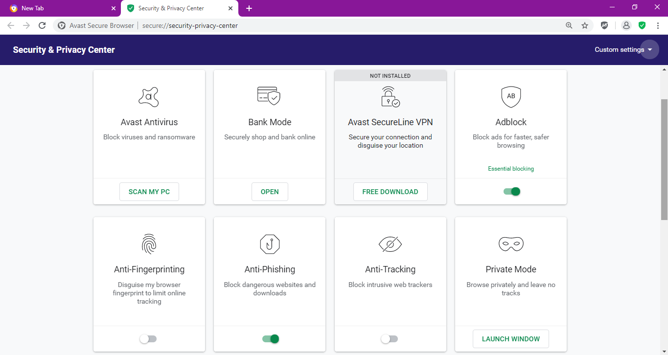 Privacy and Security settings in Avast Secure Browser
