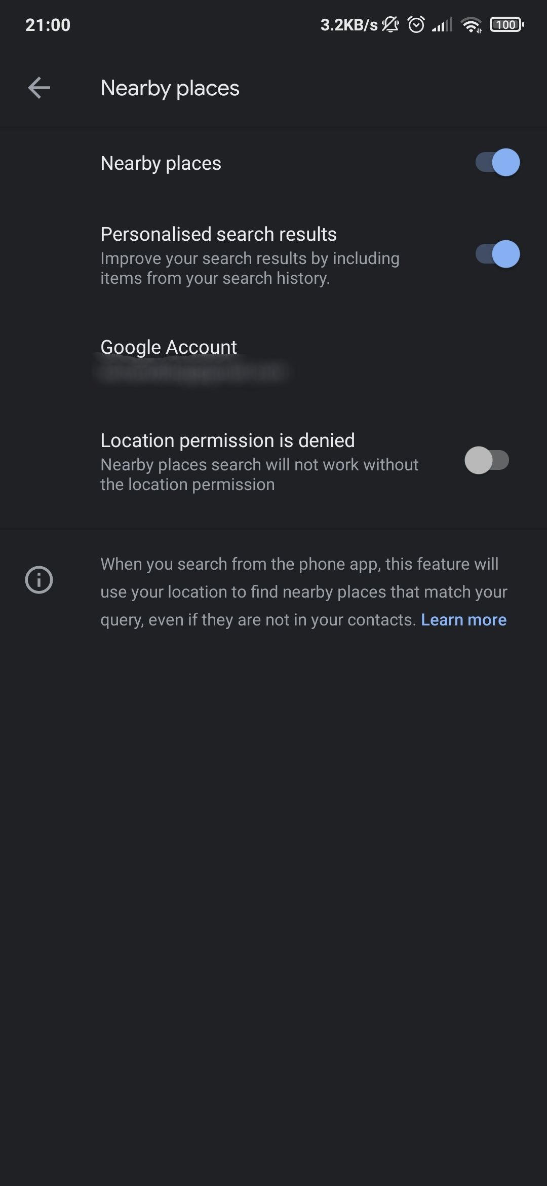 Nearby places settings in Google phone app