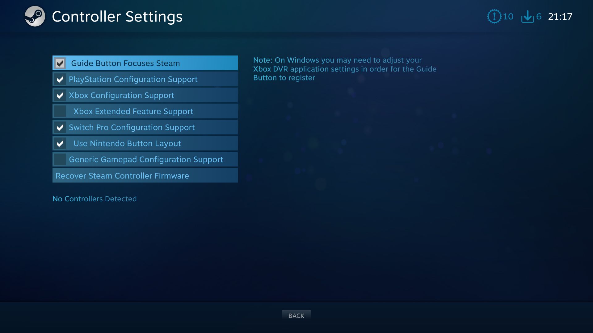 Big Picture Controller Settings Screen