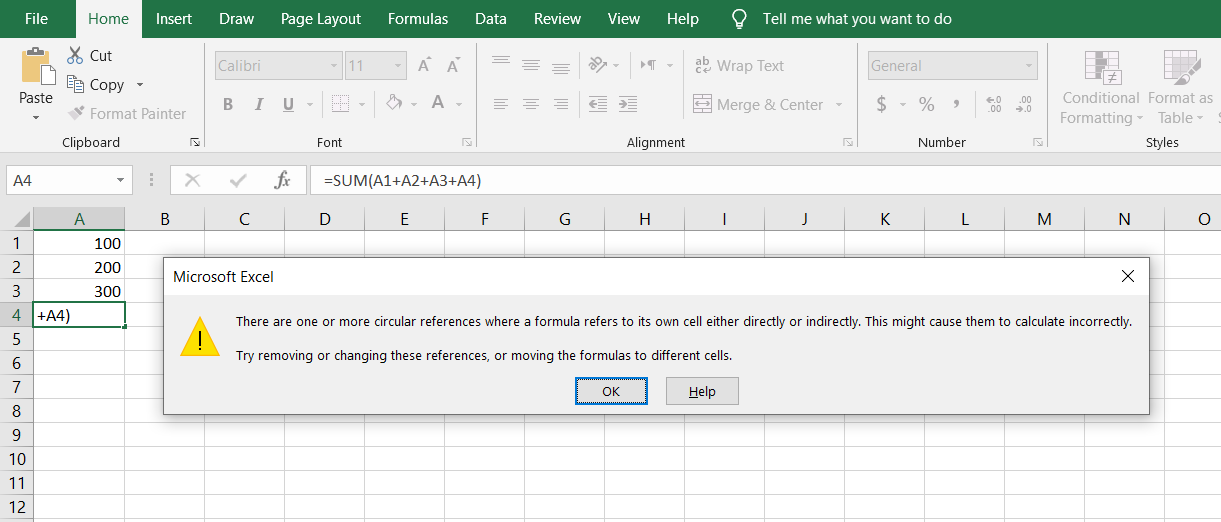 Excel will warn you that your spreadsheet has circular references.