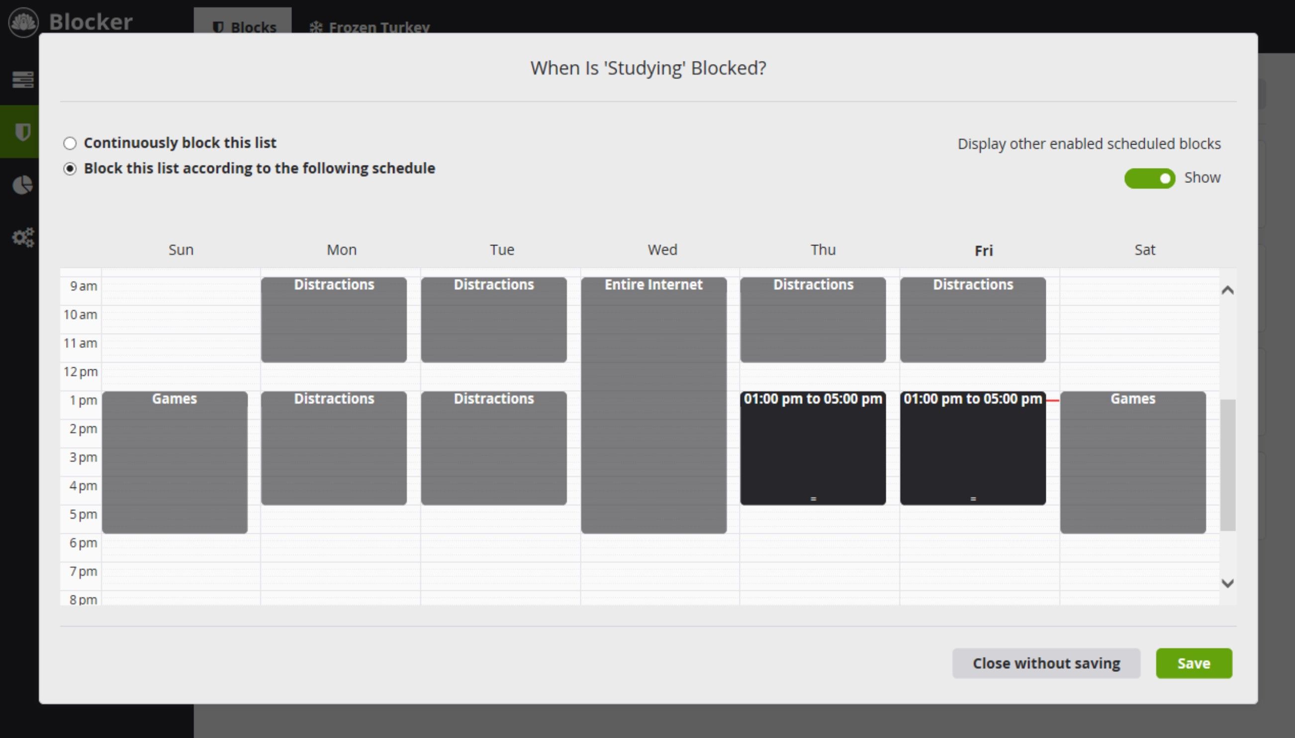 Cold Turkey app interface for scheduling