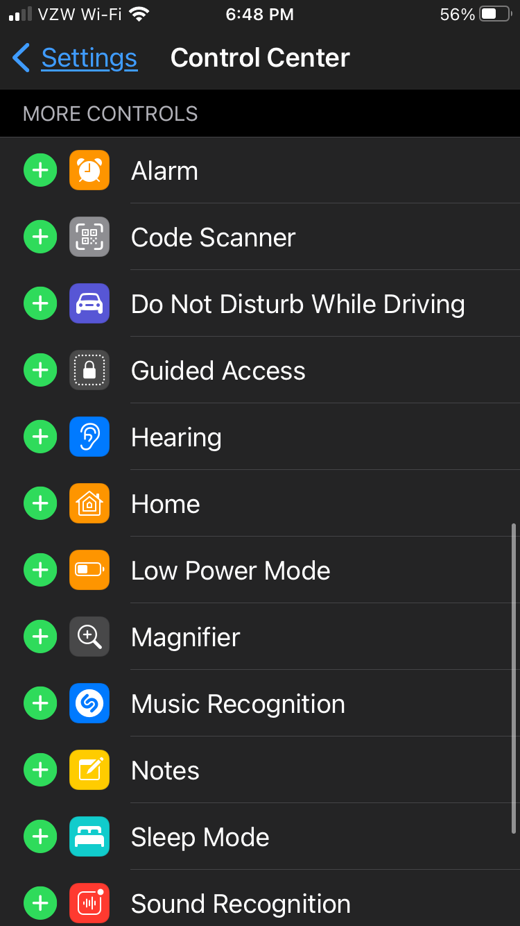 The Control Center Settings list showing the option to add several items including Hearing.