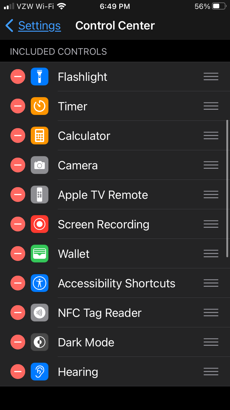 The Control Center Settings list showing Hearing Successfully added.