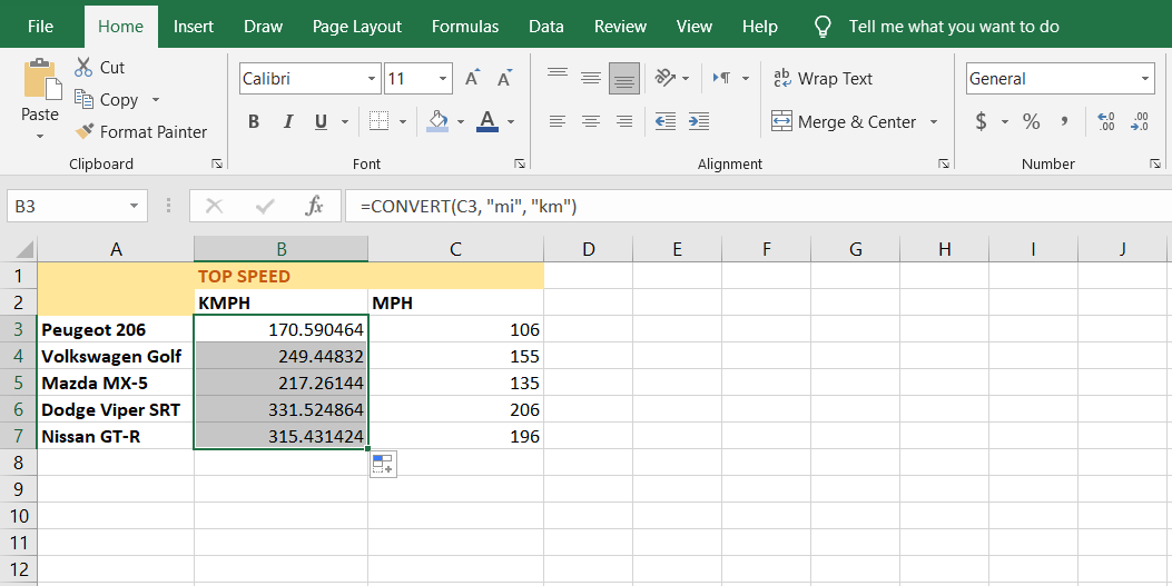 You can convert MPH to KMPH using the CONVERT function.