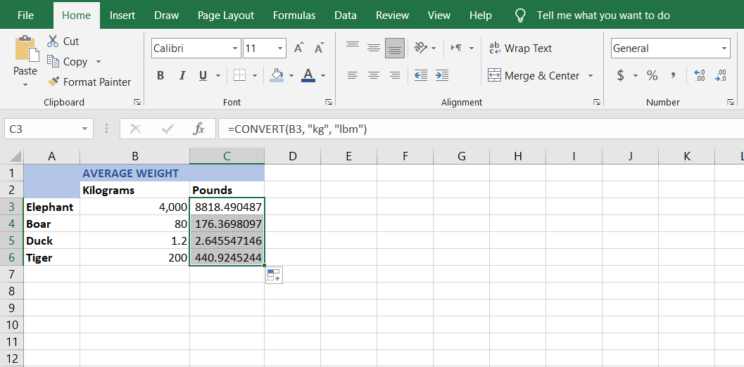 You can convert kg to lbm with a simple Excel function.