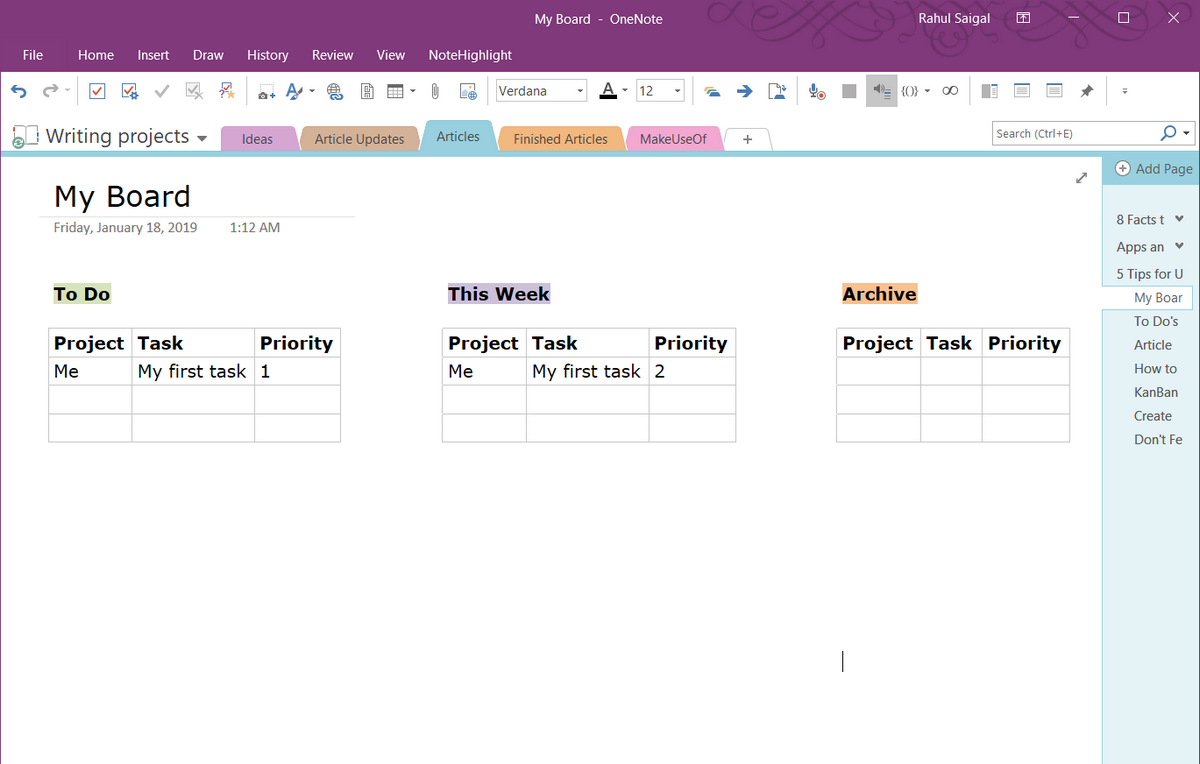 6 Tipps zur Verwendung von Microsoft OneNote als Aufgabenliste - create a kanban board OneNote2019