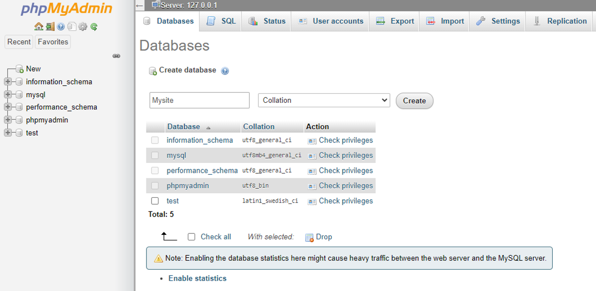 create a database in phpMyAdmin
