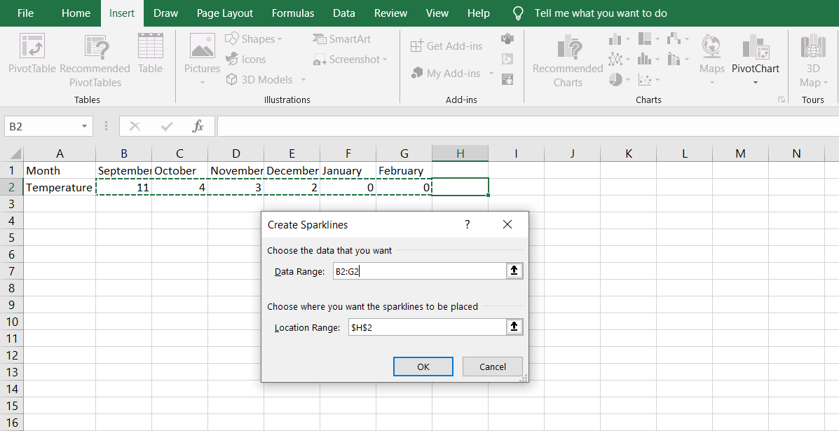Choose a data and location range to create your sparklines in excel.