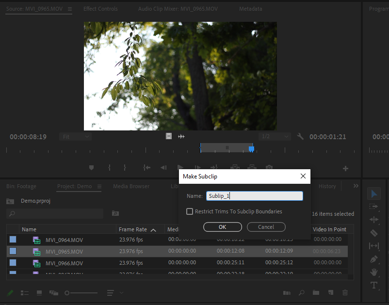 Subclipping in Premiere Pro saves your selection to the same bin that you have your footage in.
