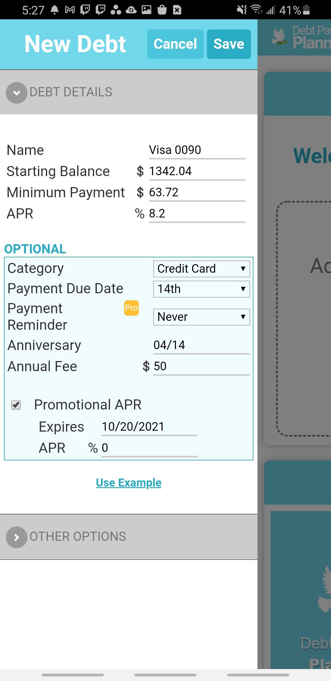debt payoff planner app adding a new debt