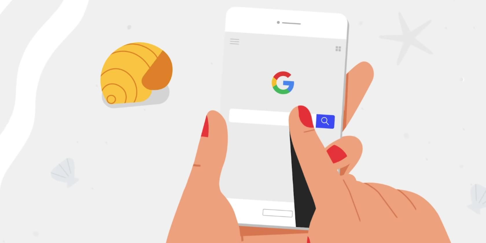 Cartoon hand tapping the Google homepage on a smartphone