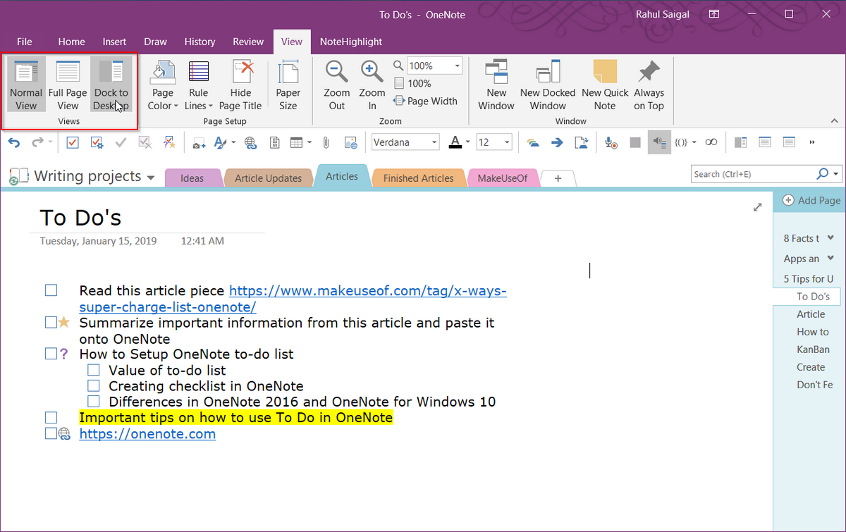 6 Tipps zur Verwendung von Microsoft OneNote als Aufgabenliste - dock to desktop view OneNote2019