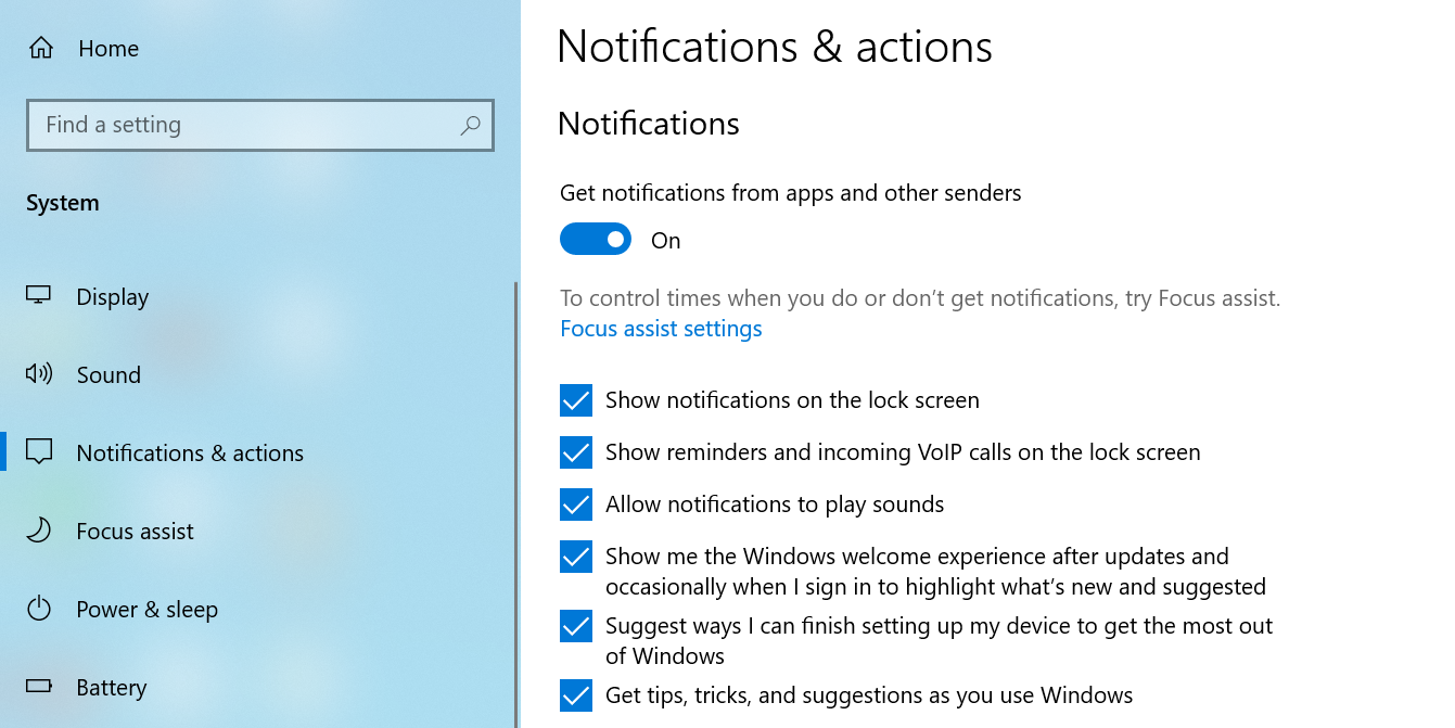 Turn on Windows 10 notifications