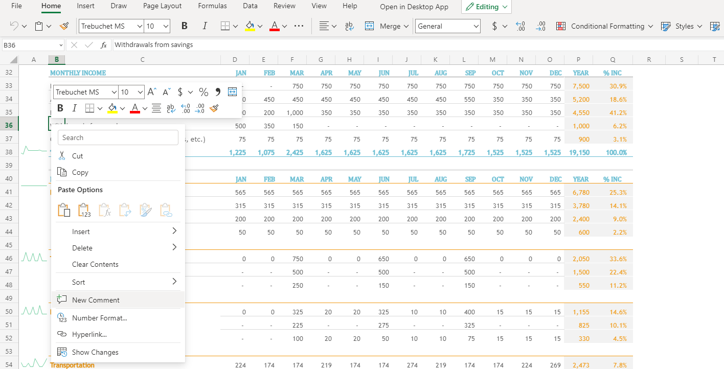 Adding comments to Excel