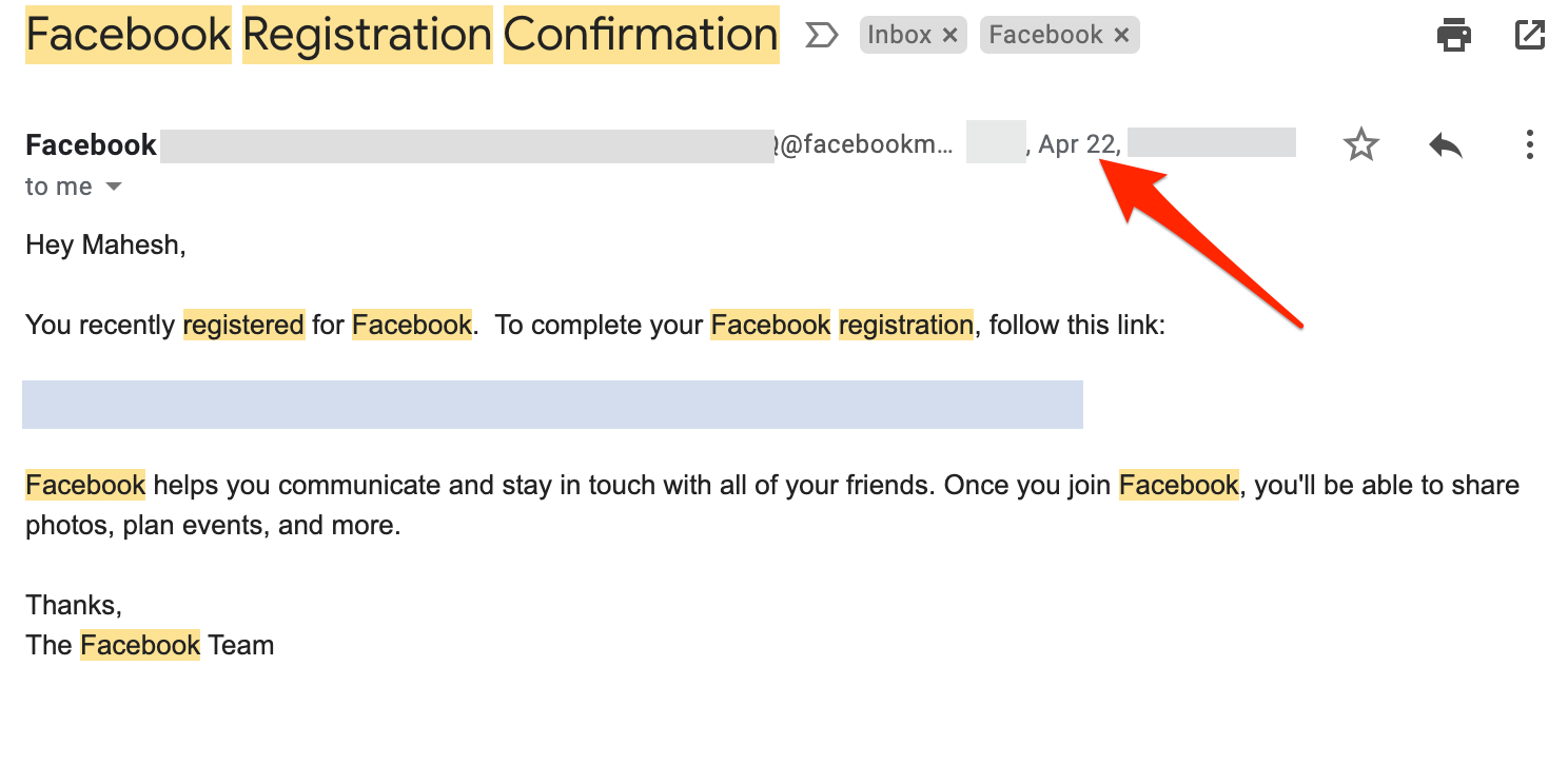 Usa l'email di benvenuto per trovare la tua data di iscrizione su Facebook