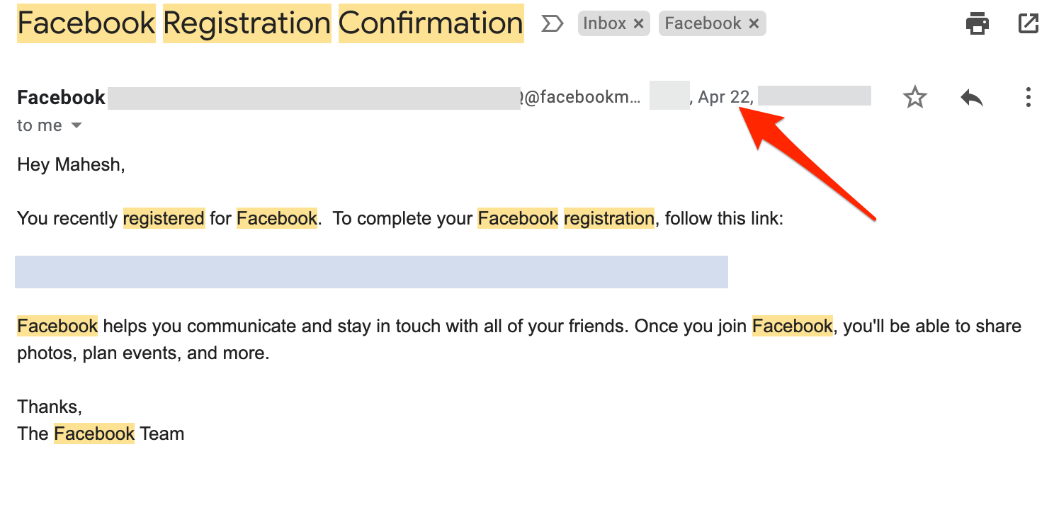 Facebookで参加日を見つけるためにウェルカムメールを使用してください