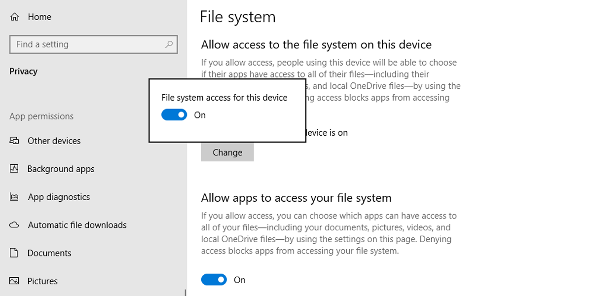 file system 1 - Come modificare le autorizzazioni dell’app in Windows 10