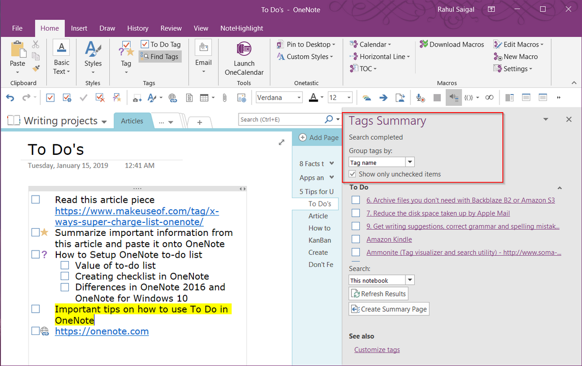 6 Tipps zur Verwendung von Microsoft OneNote als Aufgabenliste - filter your todo summary OneNote2019