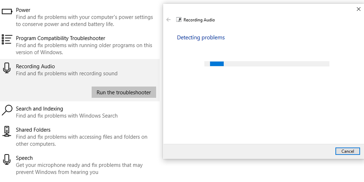 Running the troubleshooter for recording audio in Windows 10