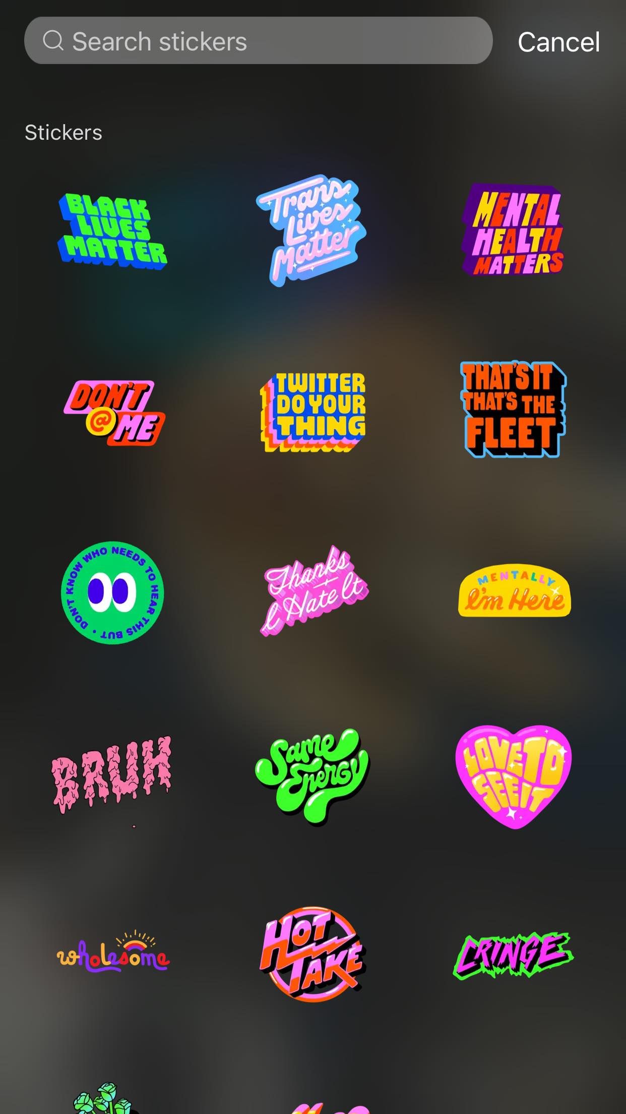 A screenshot of the stickers menu on Twitter Fleets