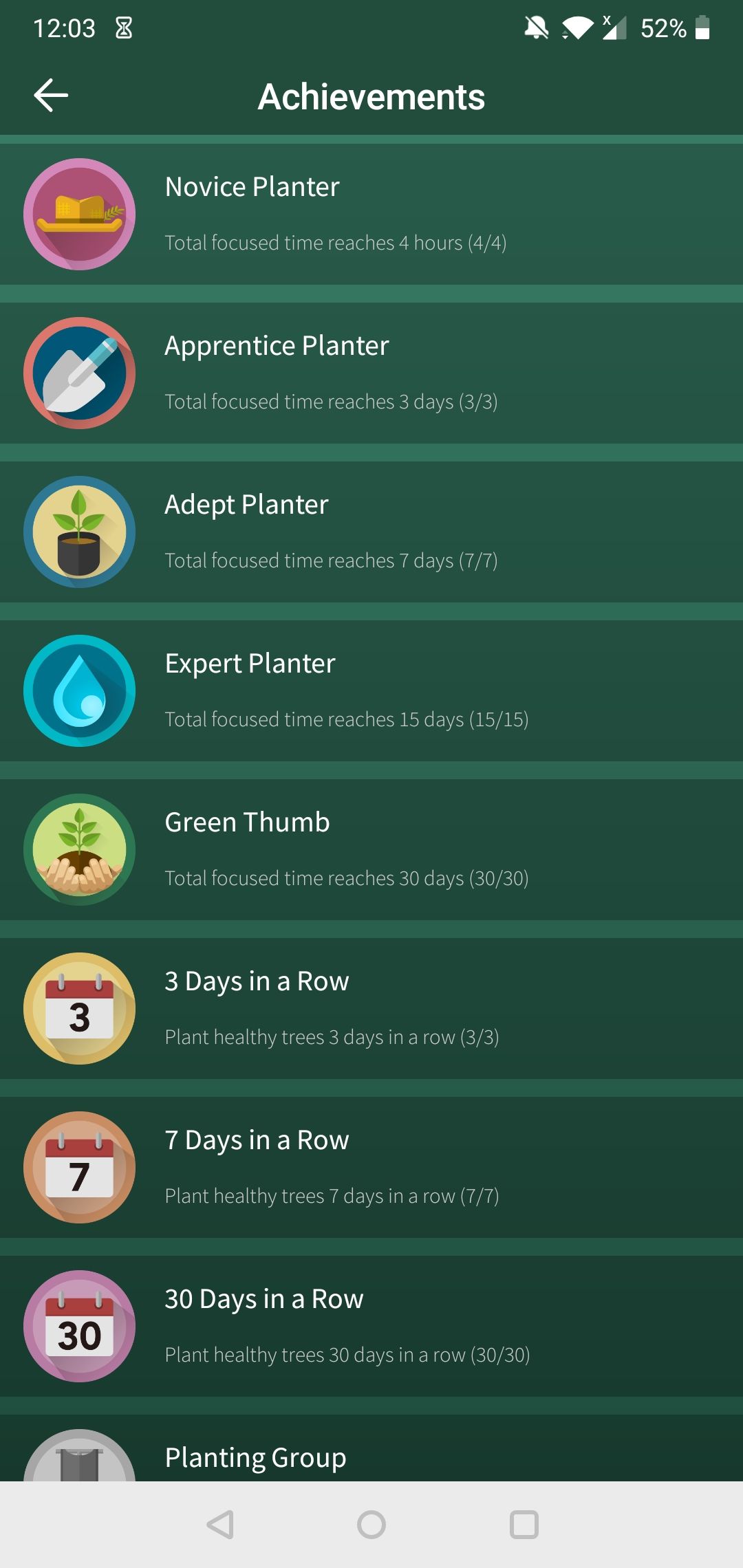 The "Achievements" section on the Forest Android app.