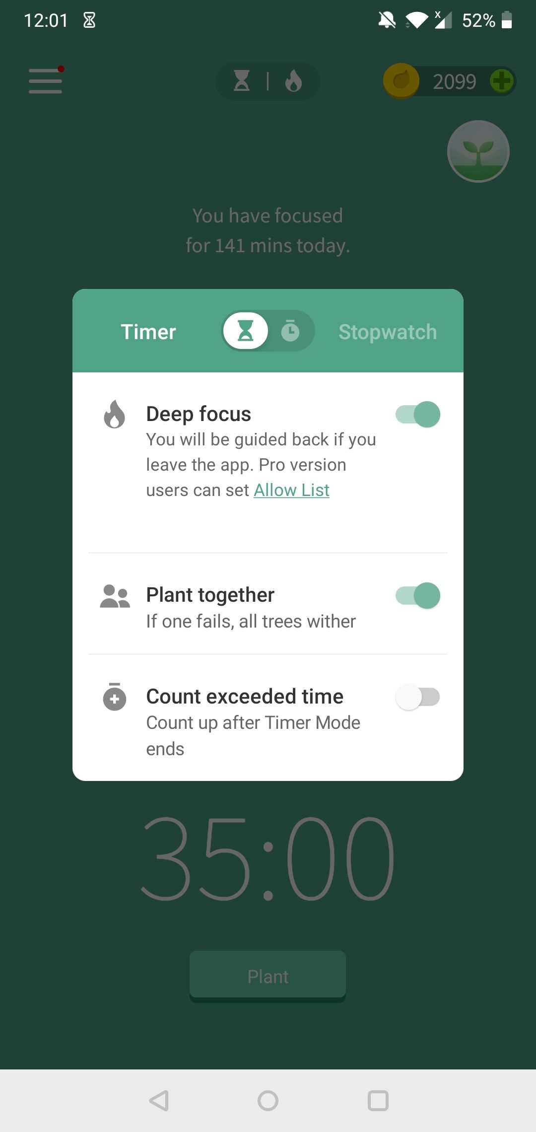 "Deep focus" and "Plant together" enabled on the Forest Android app.