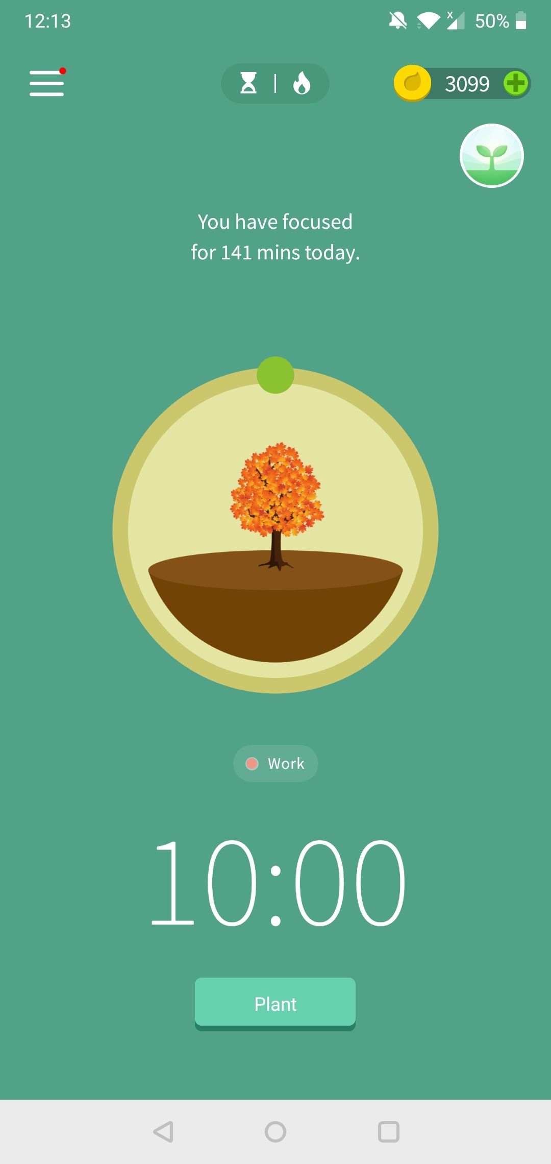 The first stage of development of a tree on the Forest Android app.