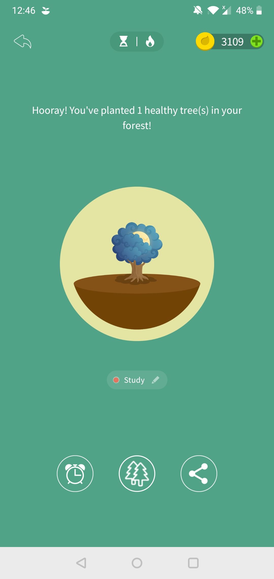 A completed planting session on the Forest Android app, planting one healthy tree.