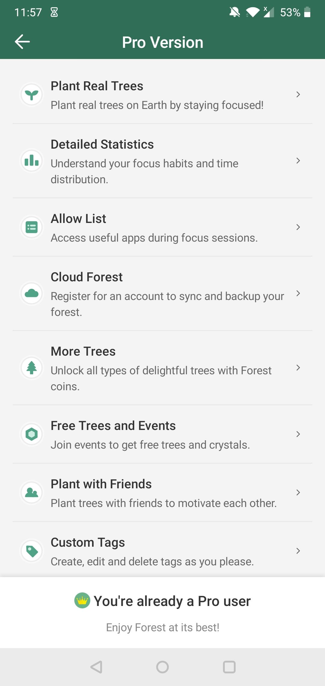 The "Pro Version" section on the Forest Android app.