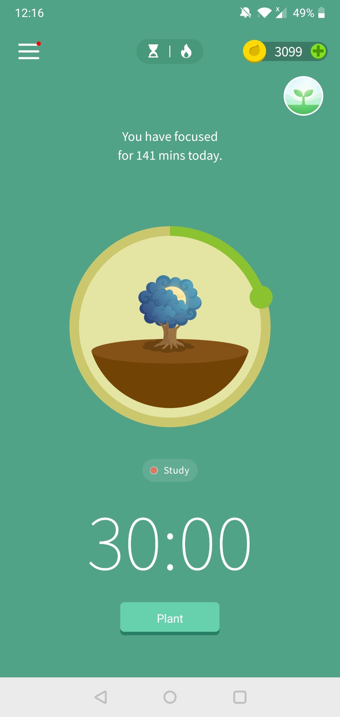 Setting a planting session to 30 minutes on the Forest Android app.