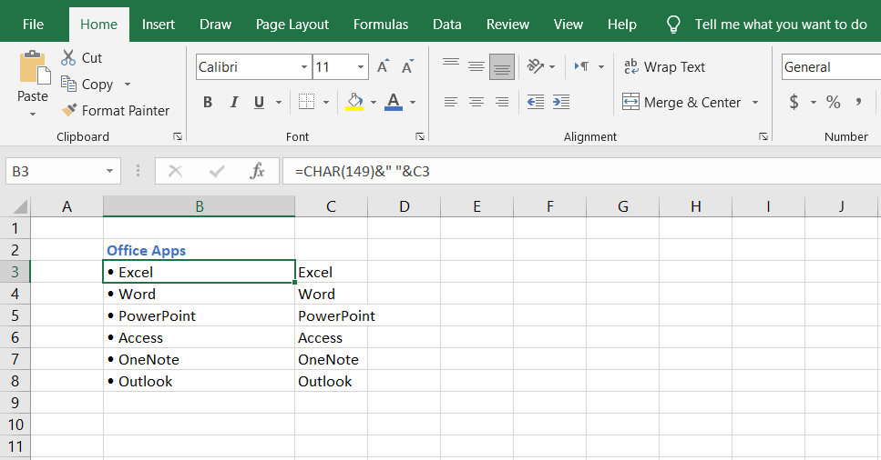 You can use a simple formula to create a bulleted list in Excel.