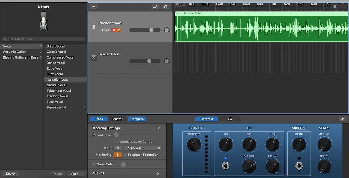 Recording on GarageBand with the "Narration Vocal" preset.