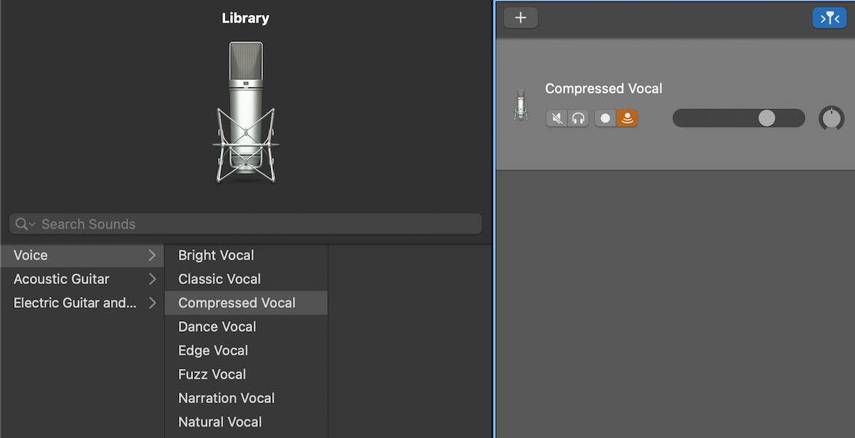 A list of voice presets in GarageBand's sound library.