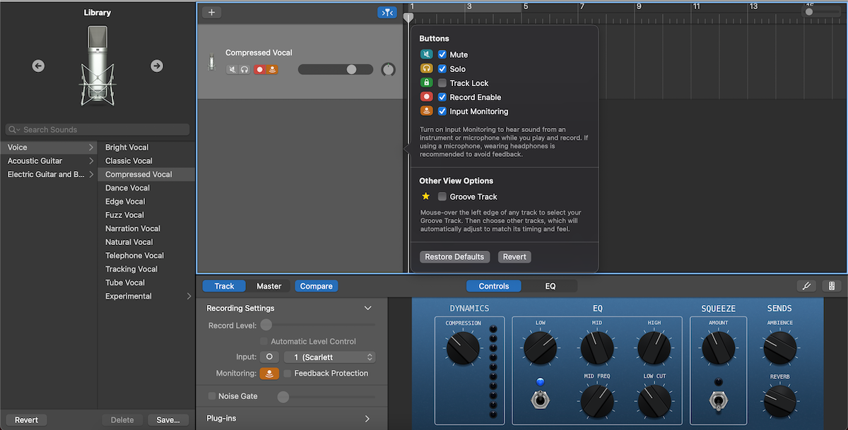 garageband vocal channel compressed vocal track header menu - Una guida passo passo alla registrazione della voce in GarageBand per Mac