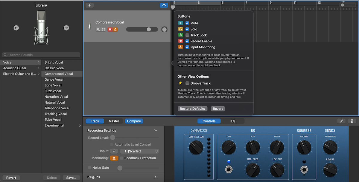 A vocal channel on GarageBand with the "Compressed Vocal" preset selected and the track header menu open.