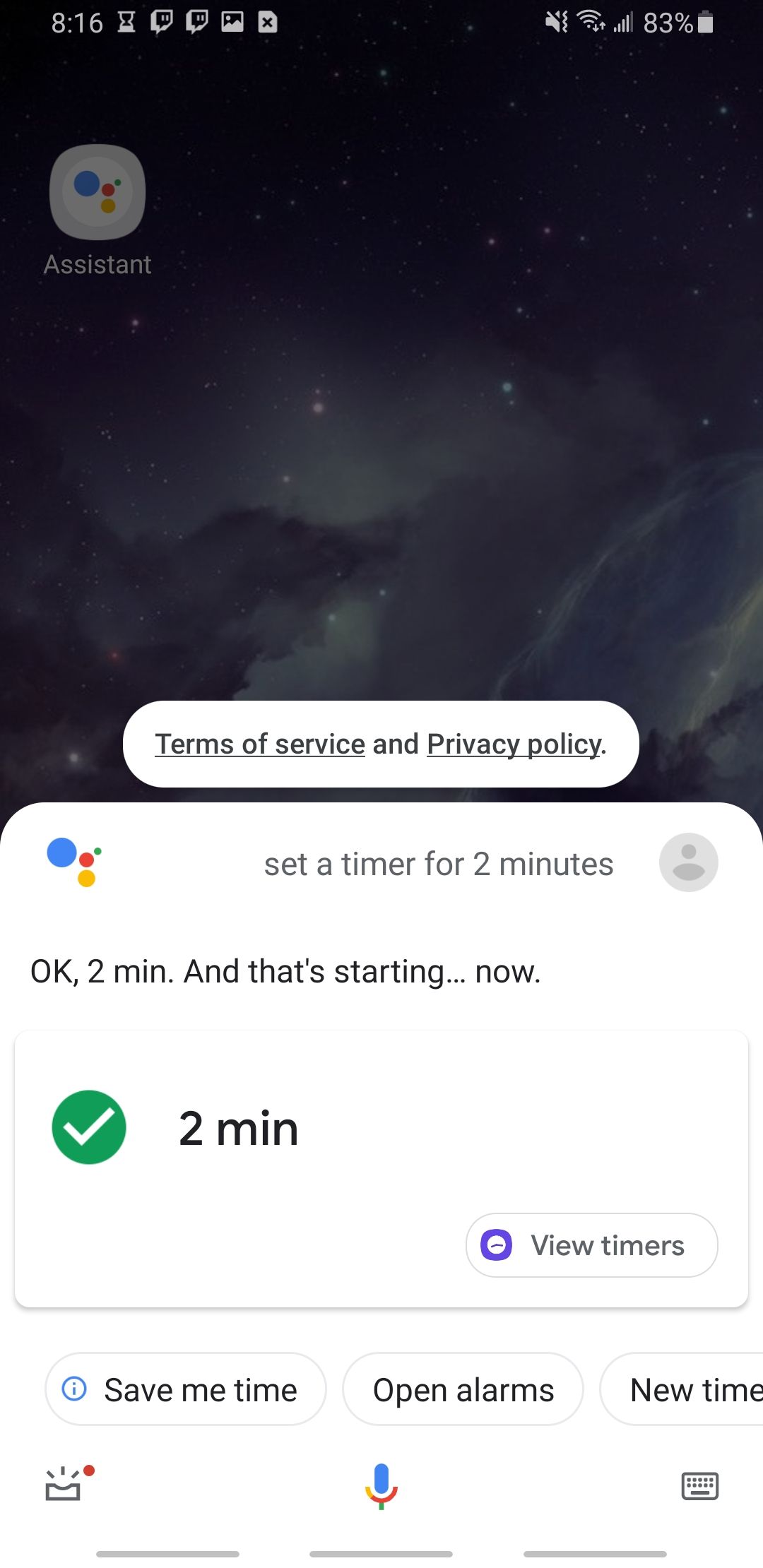 google assistant app setting a timer for two minutes