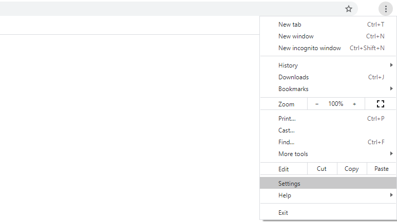 Google Chrome settings dropdown menu