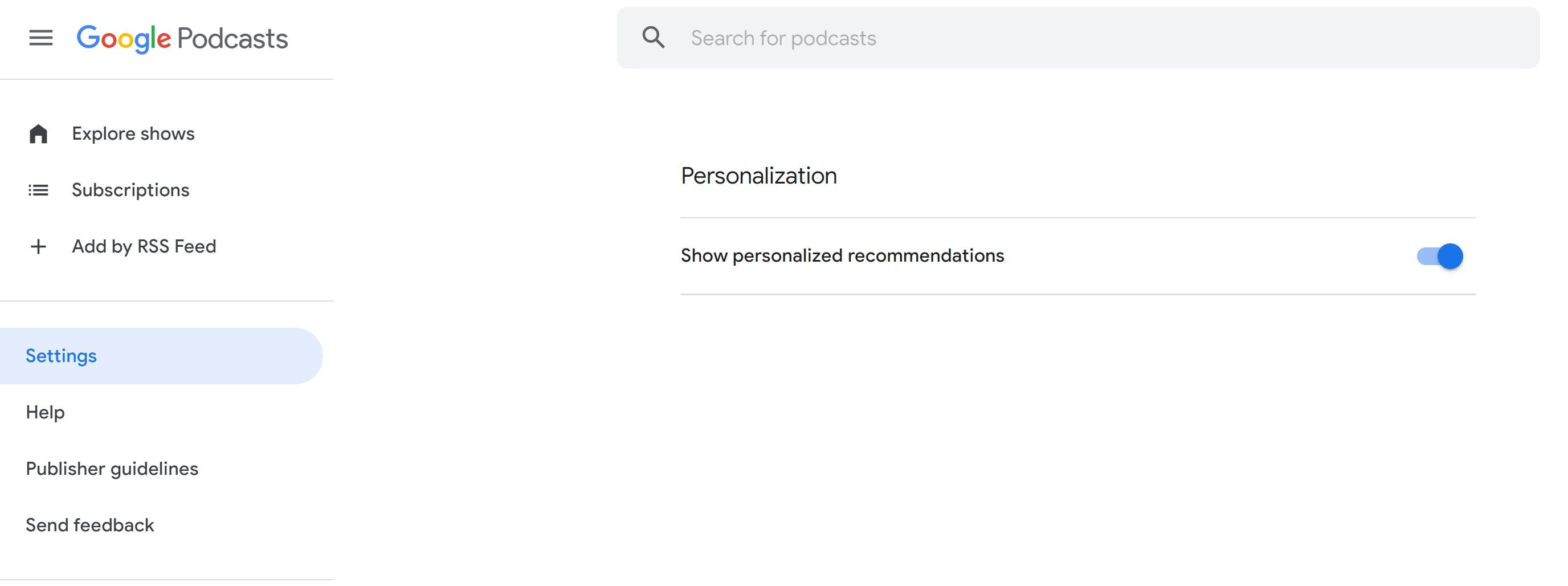 Google Podcast settings on desktop