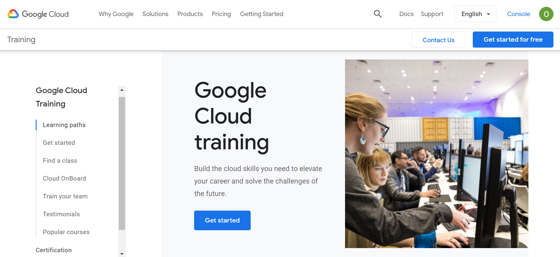 Screen capture of Google Cloud free online courses homepage