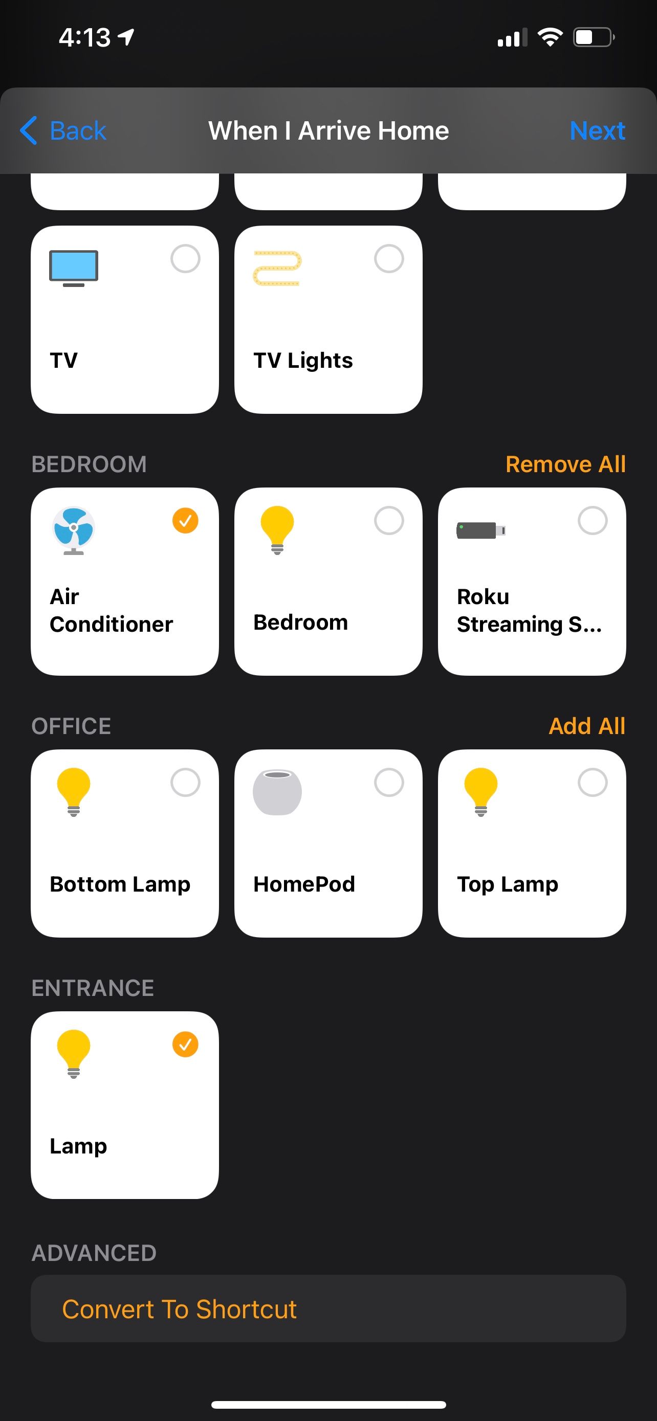 Home automation device selection view