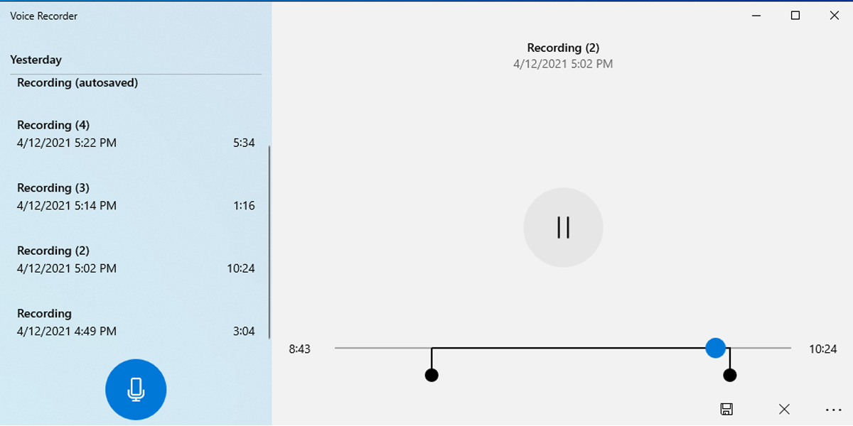 Editing a recording using Voice Recorder in Windows 10