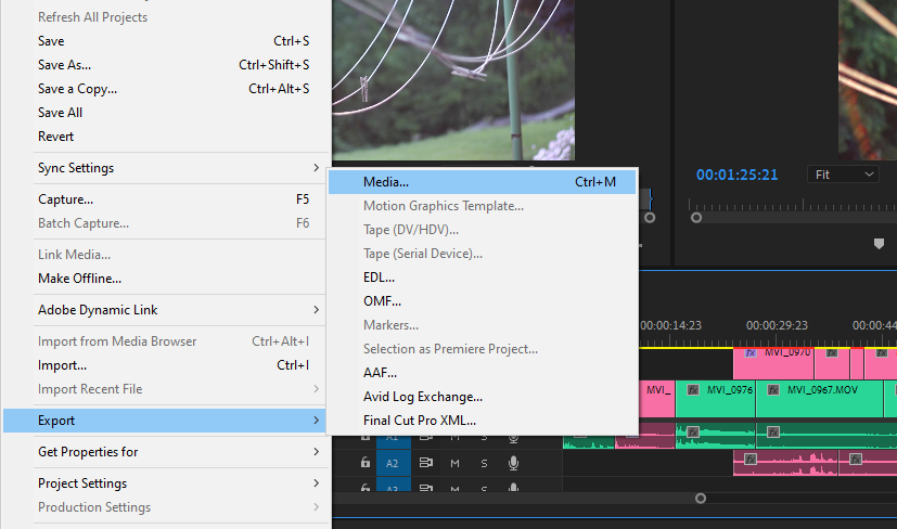 You can export your project by navigating to "Export Media" under the "File" dropdown menu.