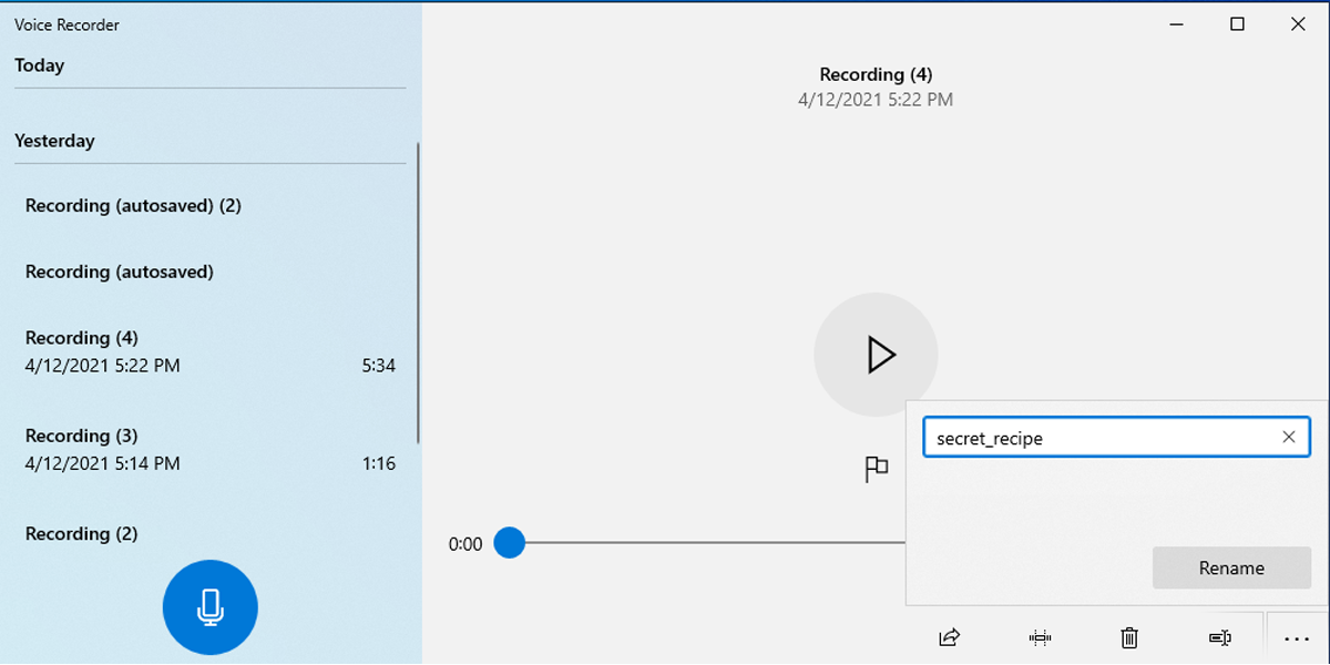 Renaming a recording in Voice Recorder