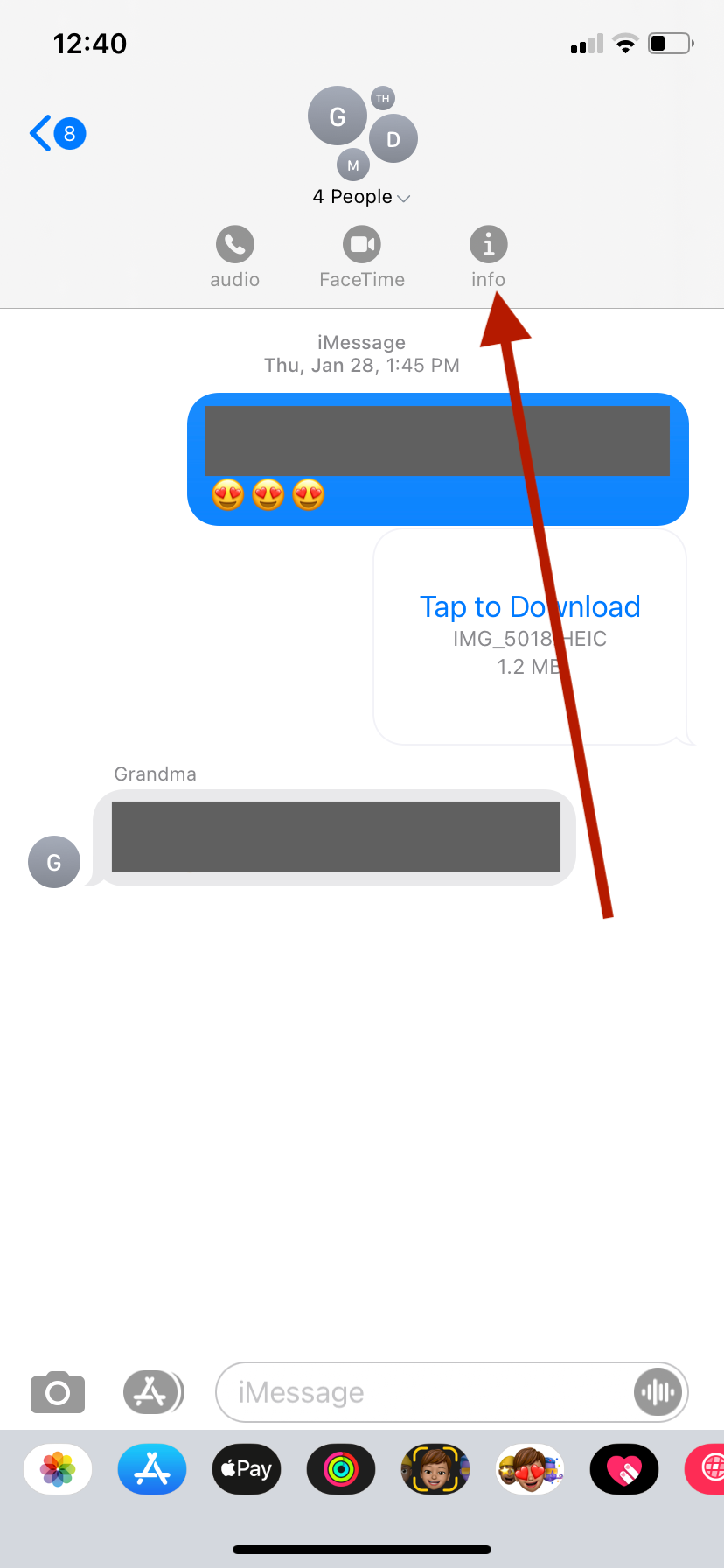 An iMessage group chat with the name section drop down menu opened. An arrow points to the info button