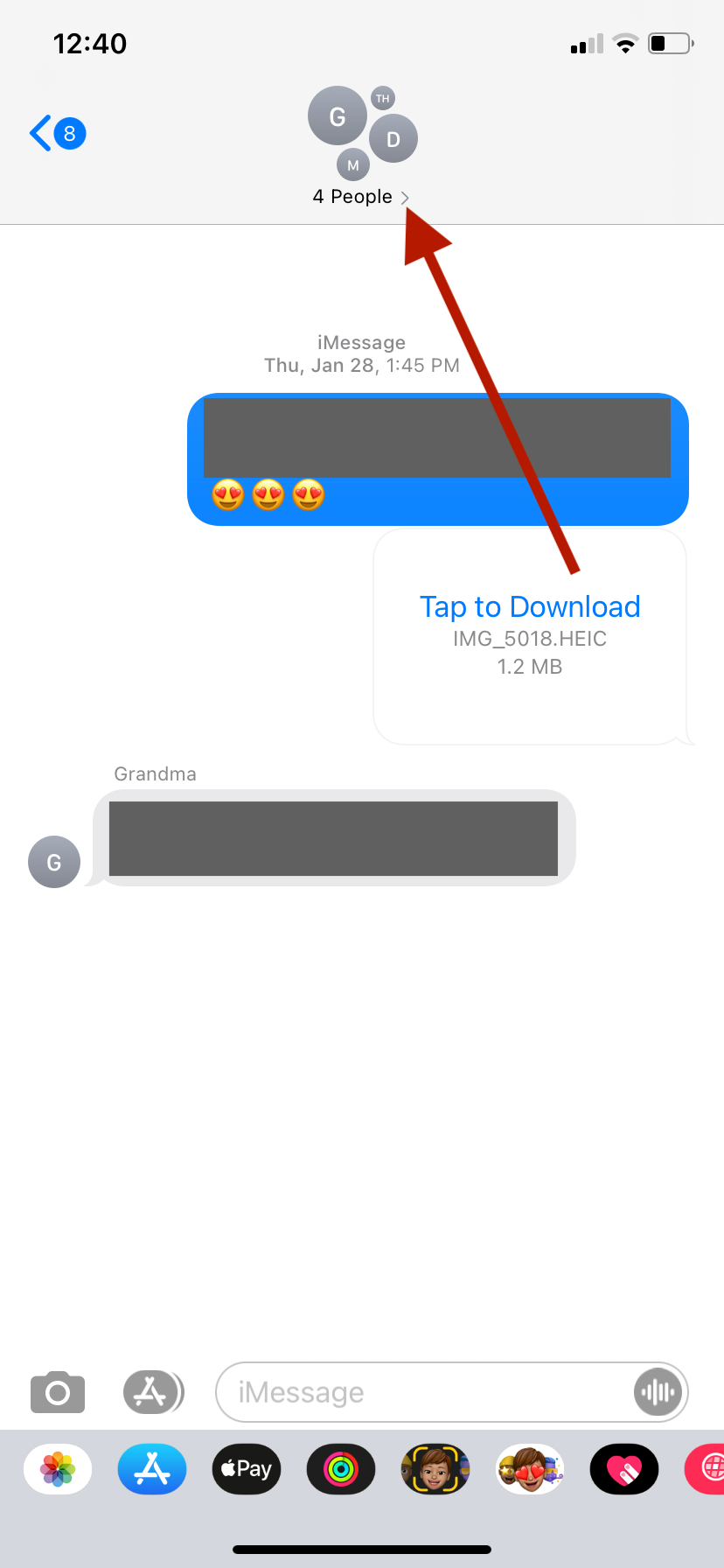The window of an iMessage group chat on an iPhone. An arrow points to a menu arrow in the name section