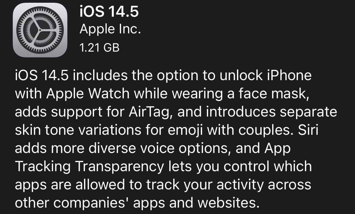 A screenshot of the update page for iOS 14.5 on an iPhone