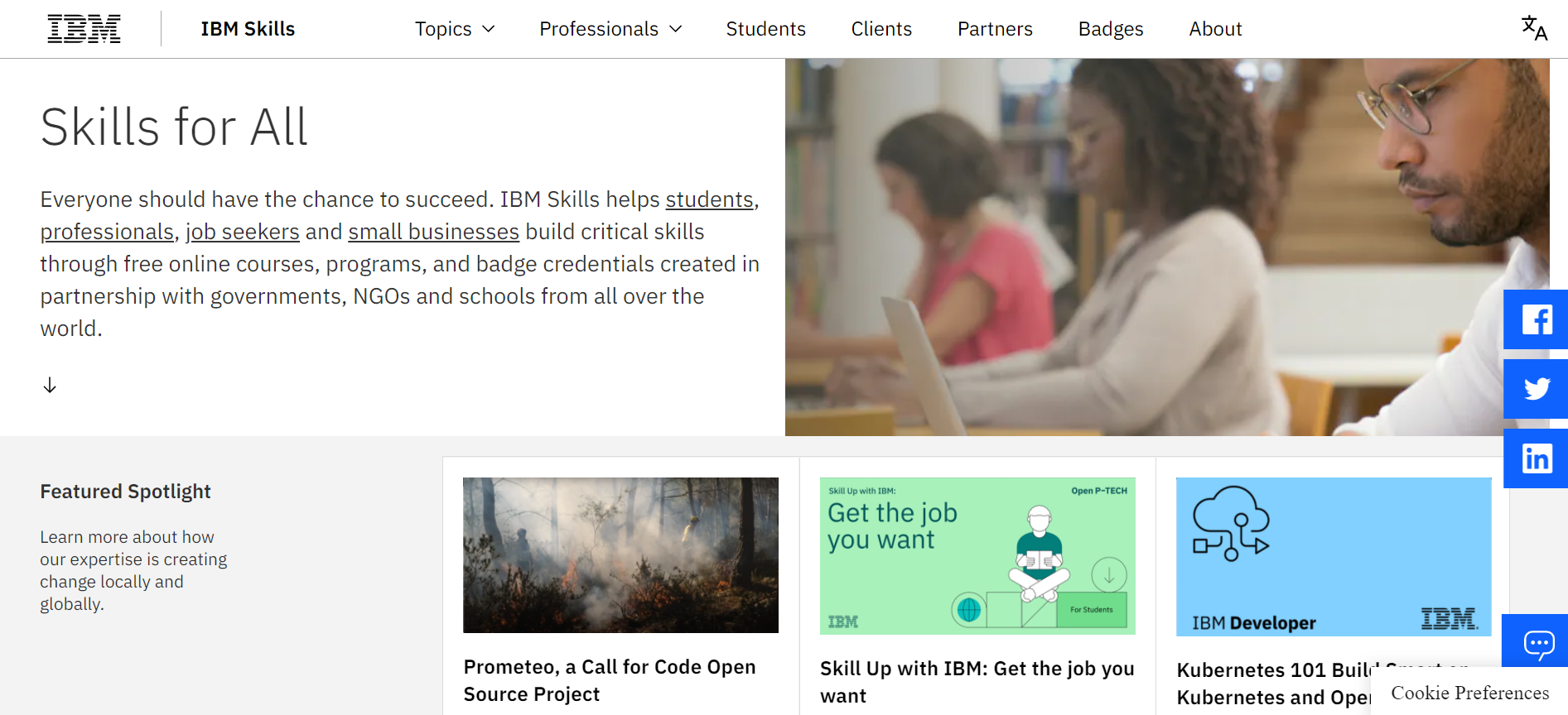 Screen capture of IBM free online courses homepage