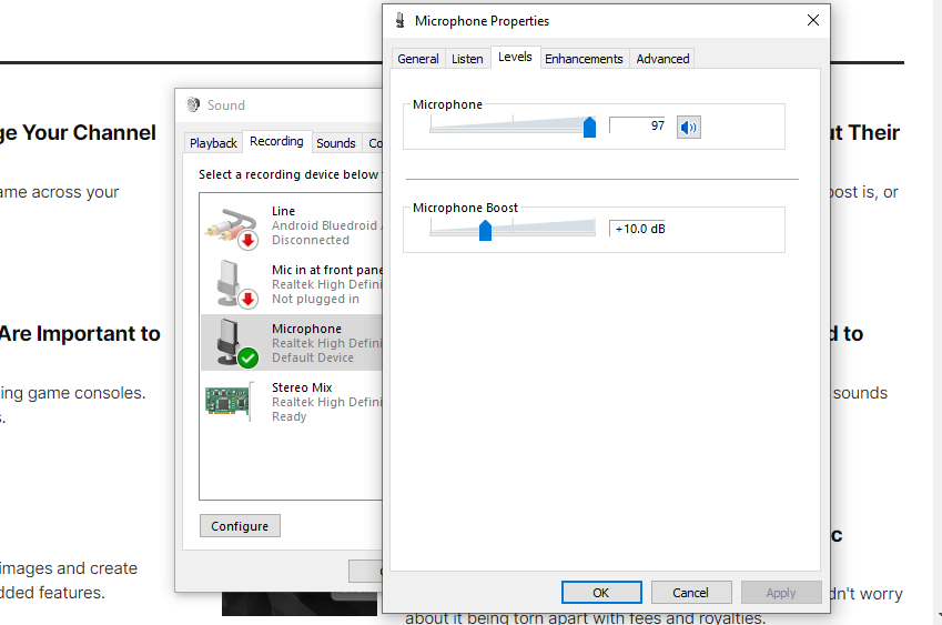 adjust microphone gain windows 10