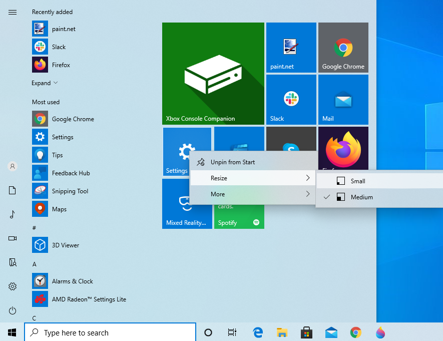 customize the start menu's tile size